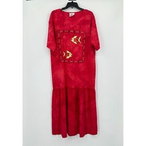 Vtg‎ Cotton Code Shift Dress Womens One Size Red Beaded Fish Ruffle Maxi Beachy